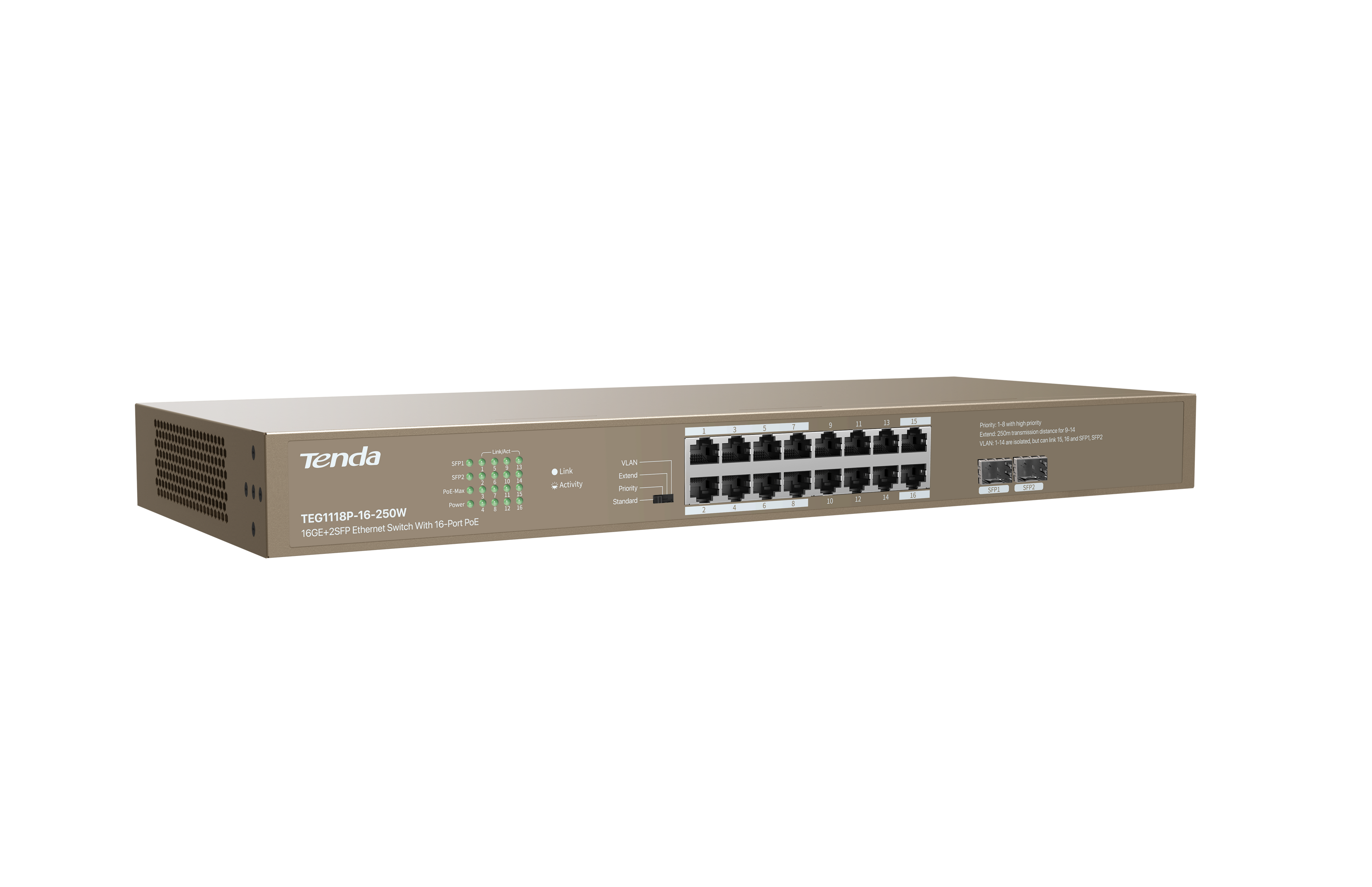 Switch PoE Gigabit 16 Porte + 2 SFP Tenda TEG1118P-16-250W